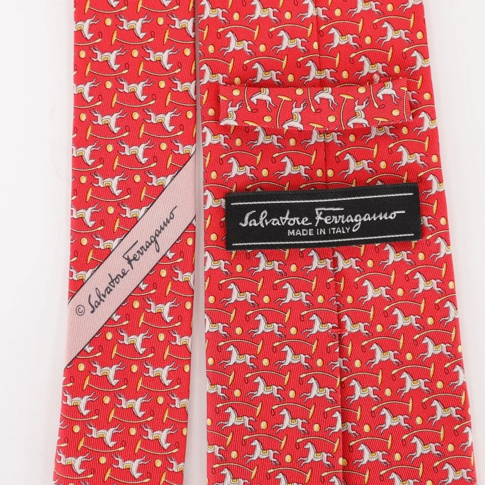 Salvatore Ferragamo Silk Necktie Tie Red Horse Equestrian Novelty Print Italy
